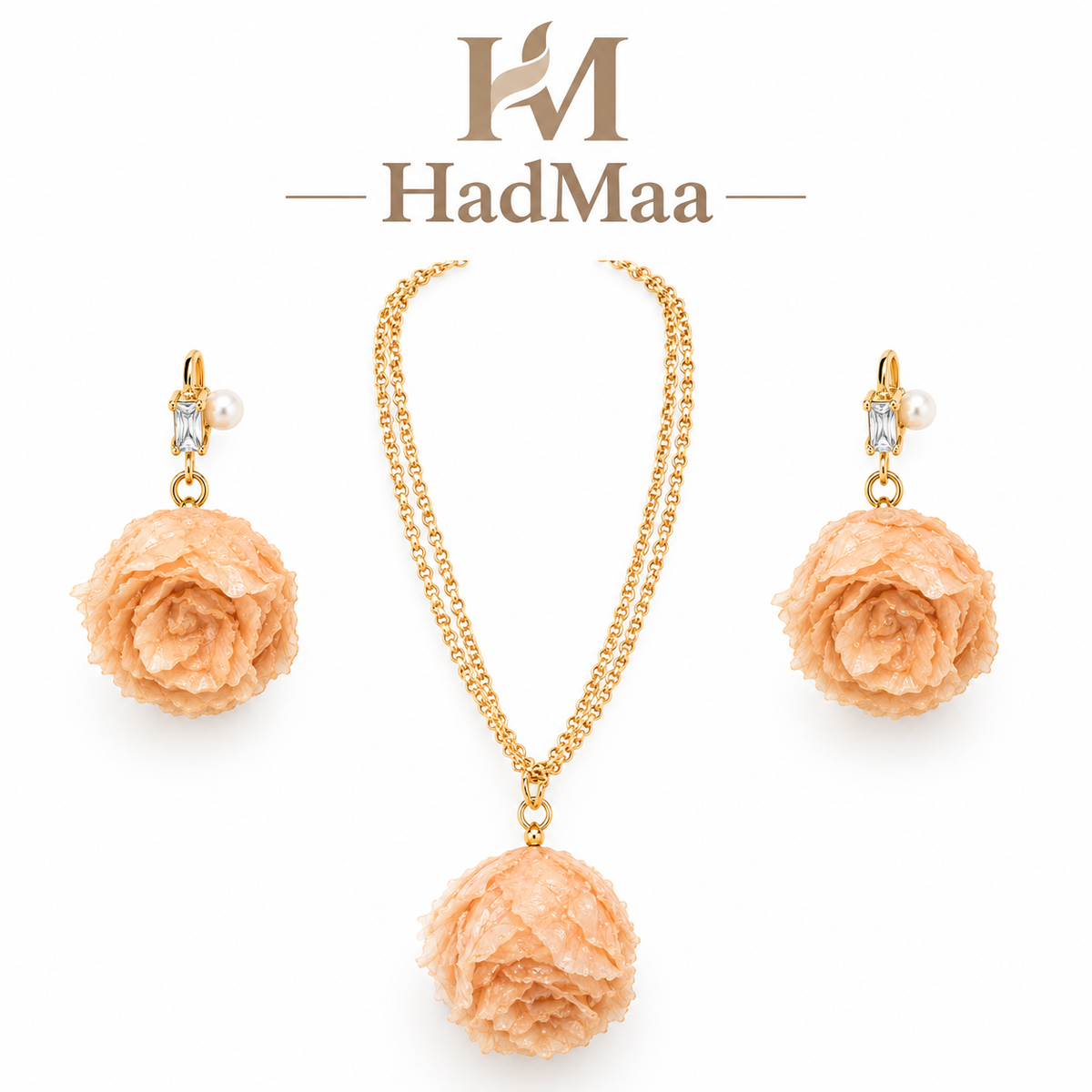 HadMaa Floral Chain Jewelry Set – Peach Flower Pendant & Earrings