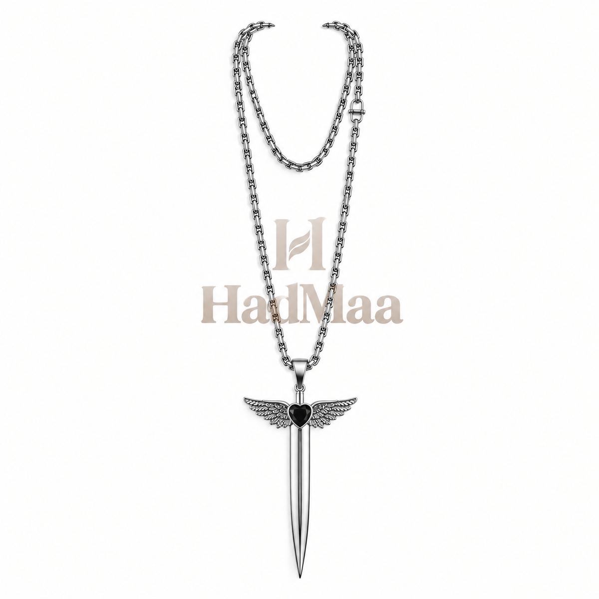 Collana Spada con Ali e Cuore Nero – Gold & Silver