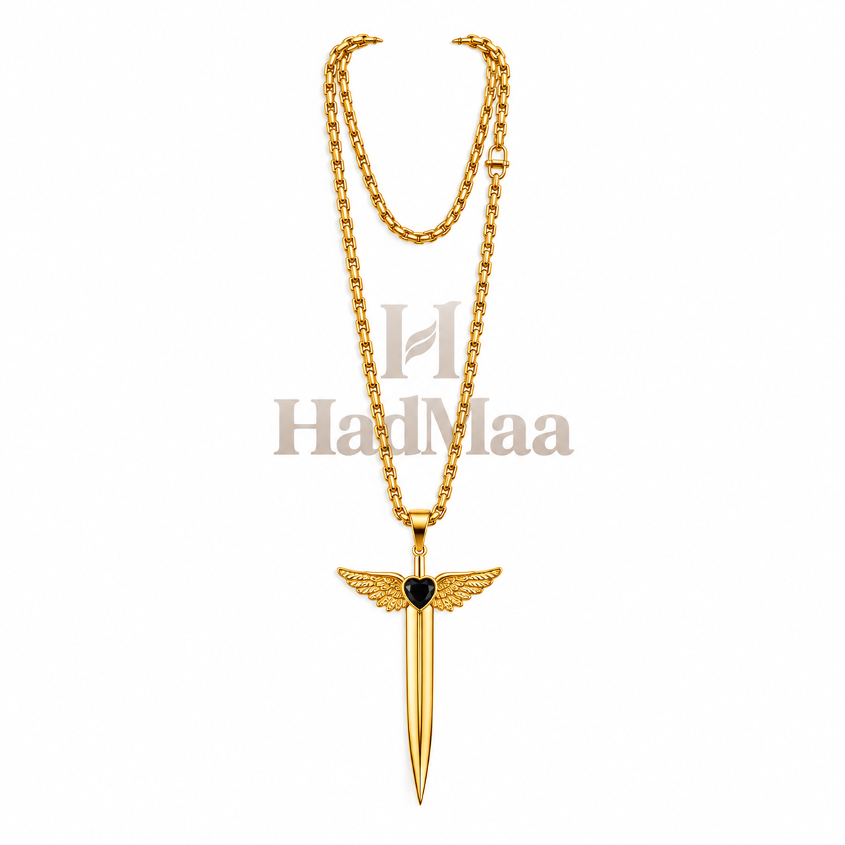 Collana Spada con Ali e Cuore Nero – Gold & Silver