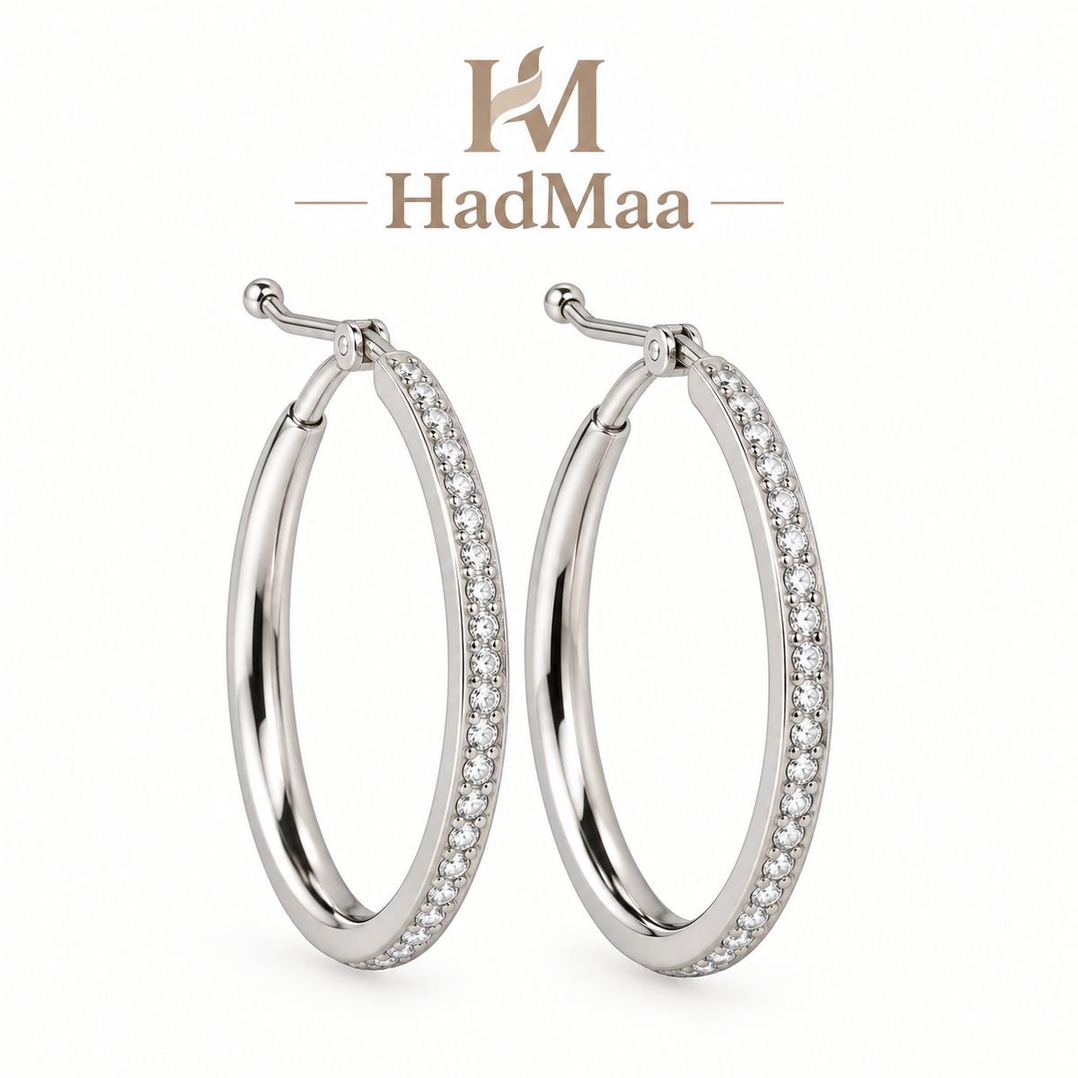 HadMaa Stainless Steel Hoop Earrings – Gold & Silver Crystal Detail