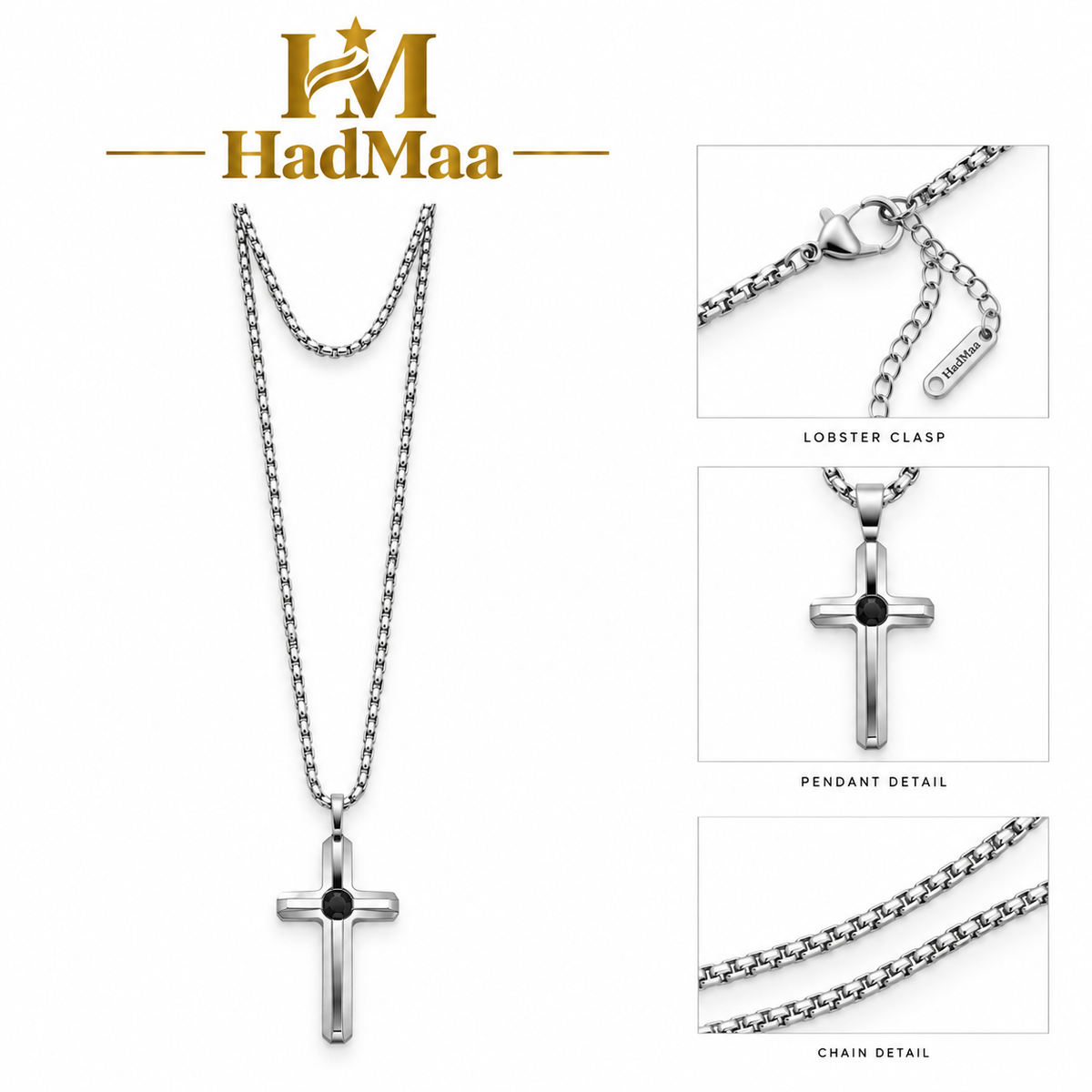Silver Cross Necklace for Men – Black Stone Pendant