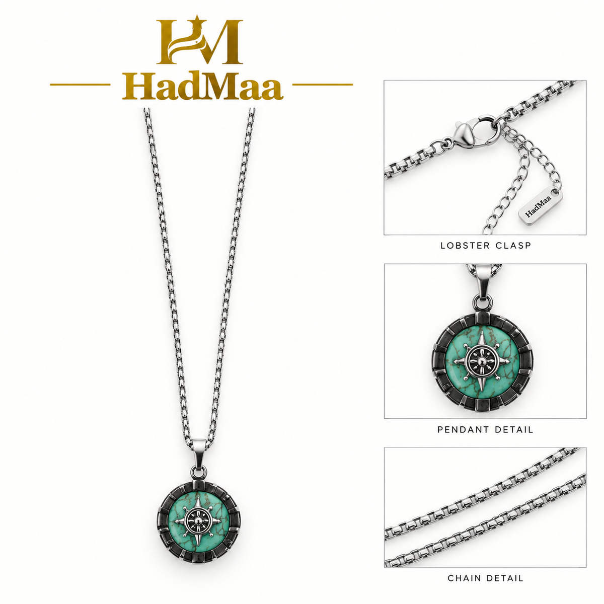 Silver Compass Necklace for Men – Turquoise Pendant