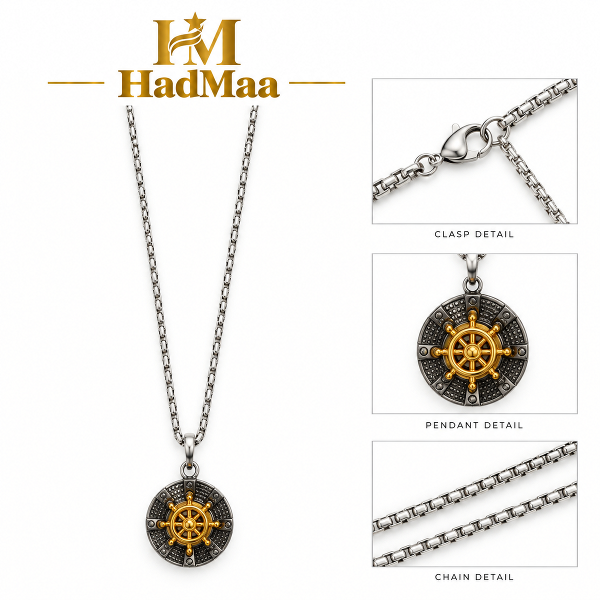 Stainless Steel Nautical Necklace – Gold Ship Wheel Pendant